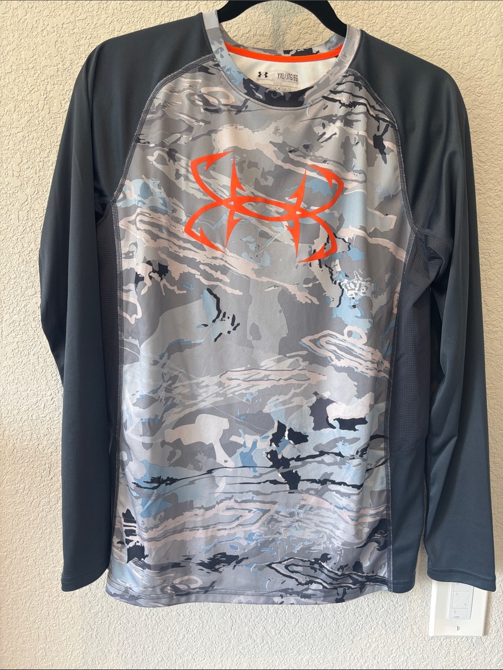 Under Armour Gray Camo Long Sleeve Performance Shirt with Orange Logo
